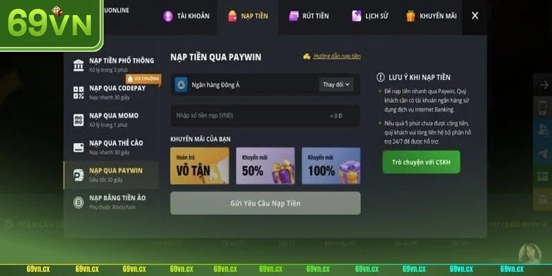 Đa dạng hình thức nạp tiền 69VN để giao dịch cho các thành viên.