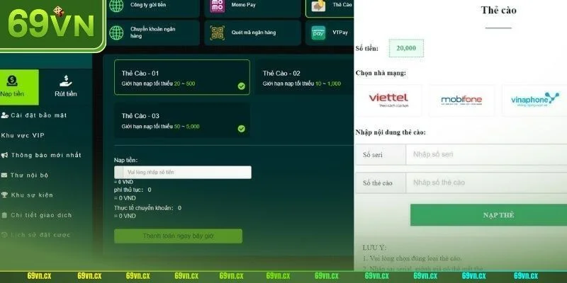 Nhập đúng thông tin để quá trình nạp tiền 69VN diễn ra nhanh chóng.